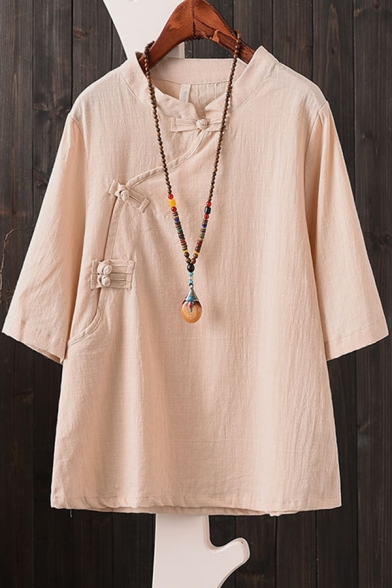Novelty Womens Shirt Solid Color Cotton Linen Slanting Frog Button Detail 3/4 Sleeve Mandarin Collar Loose Fit Shirt