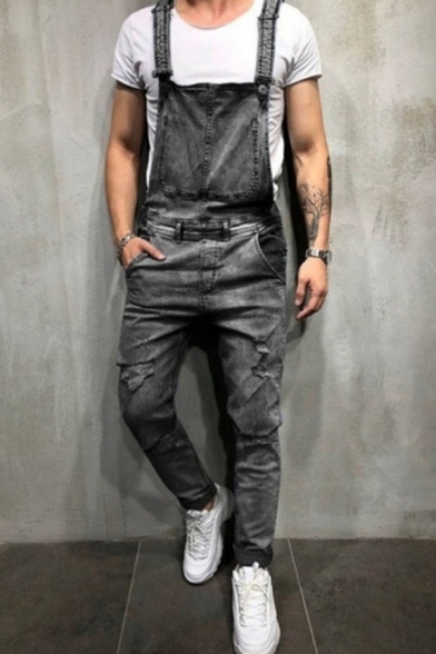 Retro Mens Jeans Faded Wash Ripped Long Regular Fitted Tapered Overall Jeans with Pockets