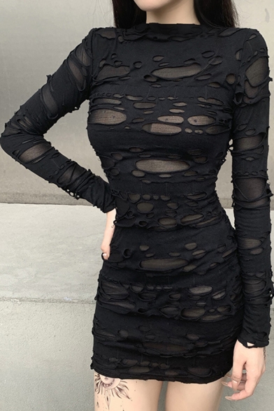 Retro Womens Bodycon Dress Distressed Broken Hole Patchwork Mesh Long Sleeves Crew Neck Slim Fitted Bodycon Dress