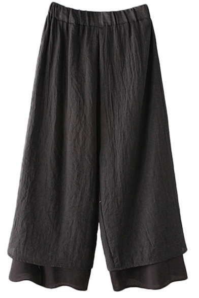 Retro Womens Pants Plain Double-Layer Hem Elastic Waist Full Length Relaxed Fit Wide Leg Lounge Pants