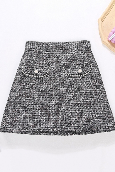 Retro Womens Skirt Pocket Flap Pearl Decorated Tweed Anti-Emptied Mini High Waist A-Line Skirt