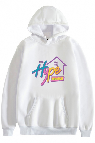 Stylish Women's Hoodie Letter The Hype House Pattern Kangaroo Pocket Long Sleeved Drawstring Hooded Sweatshirt