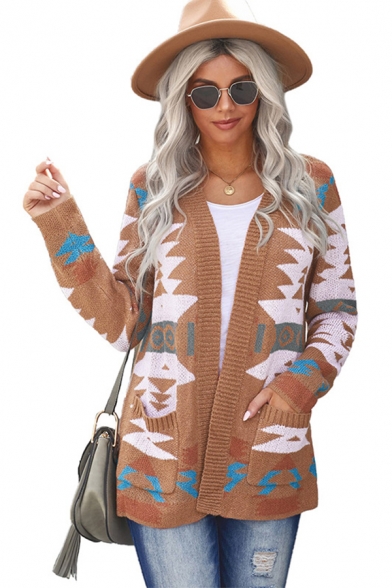 Stylish Womens Cardigan Christmas Tree Pattern Front Pocket Ribbed Trim Long-sleeved Open Front Regular Fitted Cardigan