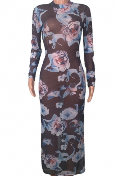 Unique Womens Dress Floral Print See-Through Mesh Stretch Long Sleeve Maxi Slim Fitted Mock Neck Bodycon Dress