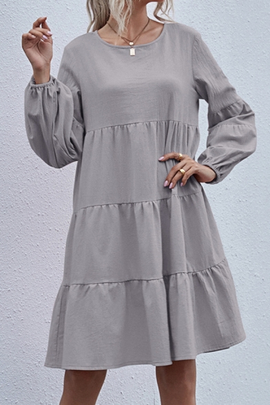 Unique Womens Dress Solid Color Keyhole-Back Short Regular Fitted Round Neck Long Bishop Sleeve Tiered Swing Dress