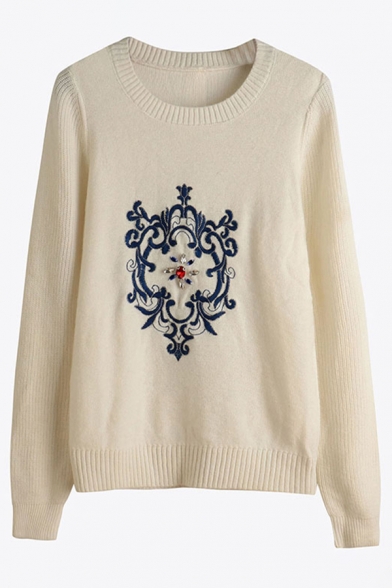 Unique Womens Sweater Floral Vine Embroidered Rhinestone Detail Round Neck Long Sleeve Relaxed Fitted Sweater