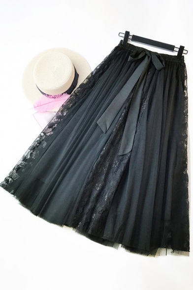 Vintage Women's Skirt Lace-Panel Patchwork Flowy Gauze Tie-Waist Elasticity Midi A-Line Skirt