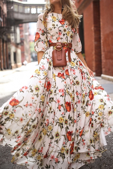 Vintage Womens Dress Floral Leaf Pattern Maxi Regular Fitted A-Line Round Neck Half Sleeve Swing Dress