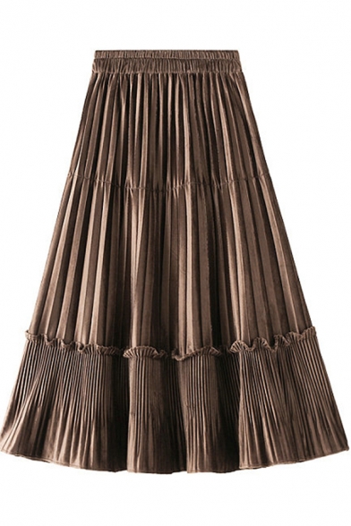 Vintage Womens Skirt Stringy Selvedge Panel Velvet High Elastic Rise Midi A-Line Pleated Skirt