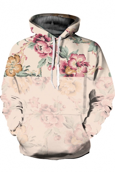 Womens 3D Hoodie Chic Flower Print Kangaroo Pocket Drawstring Long Sleeve Slim Fit Hooded Sweatshirt