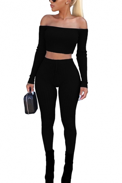 Womens Co-ords Chic Plain Rib Knitted Slim Fitted Pants Cropped off Shoulder Long Sleeve Tee Co-ords