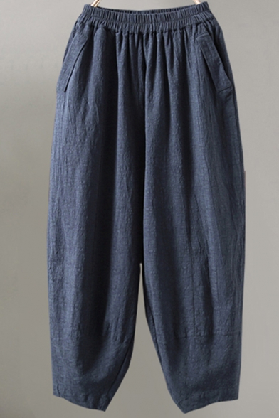 Womens Pants Trendy Solid Color Cotton Linen Elastic Waist Ankle Length Relaxed Fit Carrot Lounge Pants