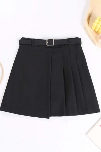 Womens Skirt Chic Asymmetric Panel Pleated Anti-Emptied Zipper Back Buckle Belted Mini High Waist A-Line Skirt