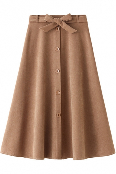 Womens Skirt Trendy Plain Bow-Tie Waist Single Breasted Midi High Waist A-Line Swing Skirt