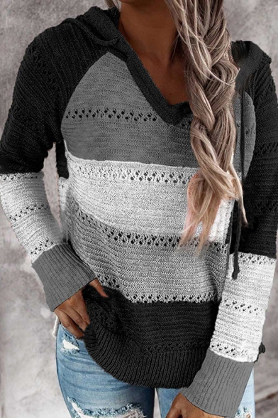 Womens Sweater Chic Color Block Stripe Pattern Regular Fitted V Neck Long Raglan Sleeve Hooded Sweater
