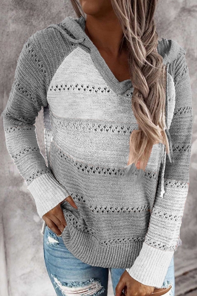 Womens Sweater Chic Color Block Stripe Pattern Regular Fitted V Neck Long Raglan Sleeve Hooded Sweater
