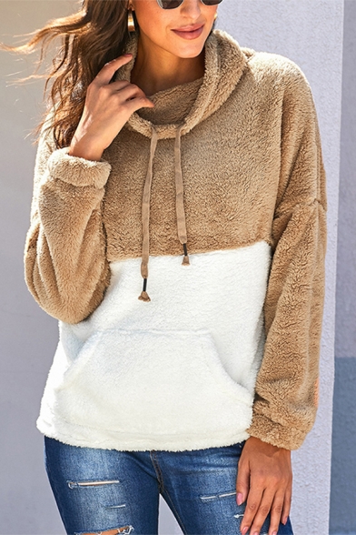 Basic Hooded Sweatshirt Color Block Faux Fur Drawstring Detail Long-sleeved Regular Fitted Hoodie
