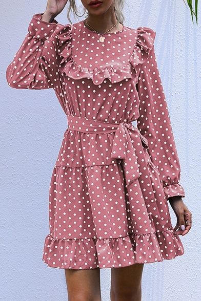 Classic Women's A-Line Dress Polka Dot Pattern Ruffles Banded Waist Belted Round Neck Long Sleeves Regular Fitted A-Ling Dress