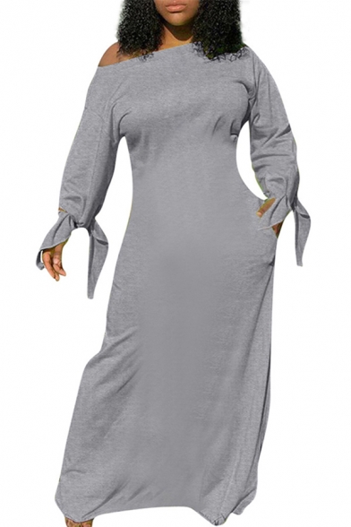 Classic Womens Dress Solid Color Tie Cuffs Sloping Shoulder Long Sleeve Relaxed Fit Maxi One-Step Dress