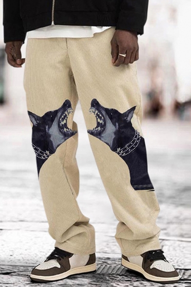 Cool Mens Pants Dog Print Mid Waist Full Length Loose Fit Straight Relaxed Pants