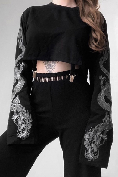 Cool Women's Cropped Tee Top Dragon Pattern Round Neck Long-sleeved Relaxed Fitted T-Shir