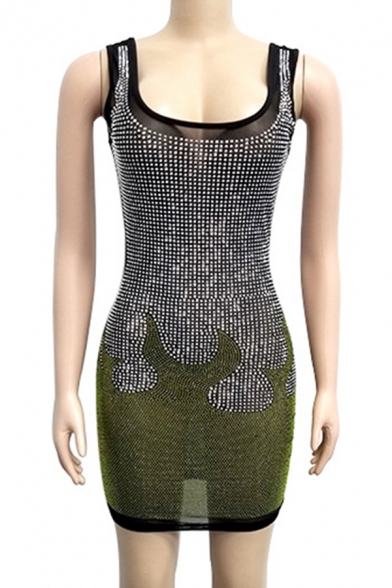 Cool Women's Tank Dress Sequins Fire Pattern Scoop Neck Sleeveless Slim Fitted Tank Dress
