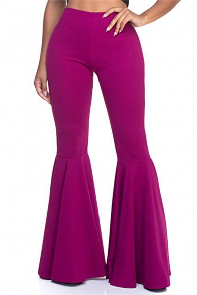 Creative Womens Pants Plain Pleated Mermaid Ruffle Bottoms Full Length High Rise Relaxed Fit Flare Relaxed Pants