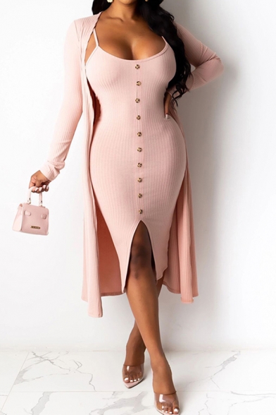 Creative Womens Two Piece Set Solid Color Rib Knit Single Breasted Split Front Knee-Length Bodycon Slip Dress with Open-Front Long Sleeve Cardigan