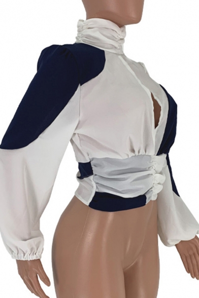 Elegant Women's Blouse Color Block Hollow out Zipper Back Mock Neck Long Bishop Sleeves Regular Fitted Blouse Shirt