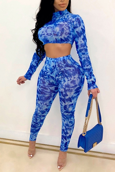 Elegant Women's Co-ords All over Water Print Mock Neck Long Sleeves Cropped Tee Top with High Waist Long Pants Set
