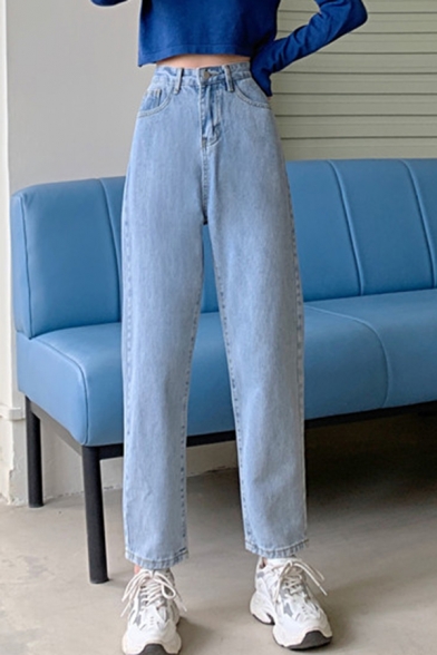 Elegant Women's Jeans Side Pockets Button Fly High Rise Ankle-Knee Straight Jeans with Washing Effect