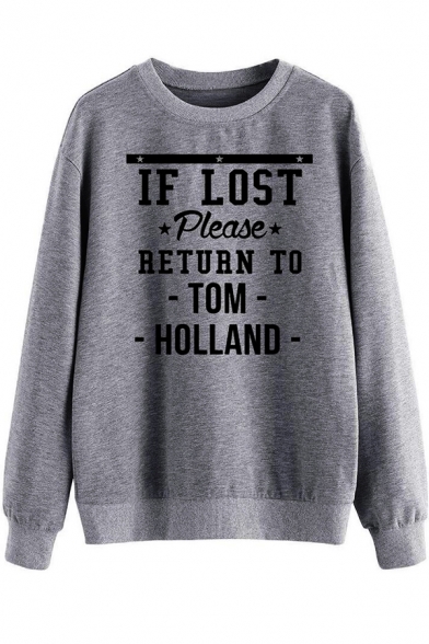 Elegant Women's Sweatshirt Letter If Lost Please Return to Tom Holland Ribbed Trim Crew Neck Long-sleeved Regular Fitted Sweatshirt