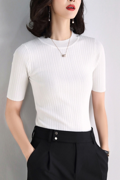 Elegant Women's T-Shirt Solid Color Elasticity Rib Knit Crew Neck Short-sleeved Slim Fitted Tee Top