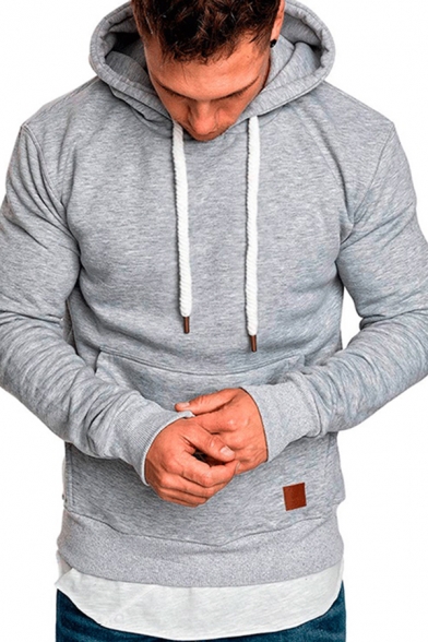 Fancy Mens Hoodie Solid Color Label Drawstring Ribbed Trim Long Sleeves Kangaroo Pocket Regular Fitted Hooded Sweatshirt