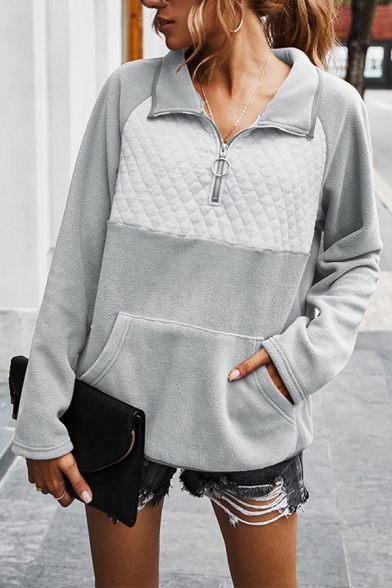 Fancy Sweatshirt Kangaroo Pocket Patchwork 1/4 Zip Collar Detail Stand Collar Long Sleeves Regular Fit Sweatshirt for Women