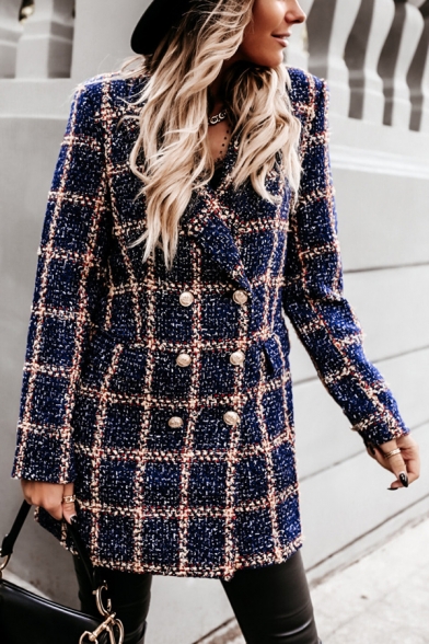 Fancy Womens Woolen Coat Plaid Houndstooth Pattern Double-Breasted Flap Pockets Notched Collar Long Sleeve Regular Fitted Coat