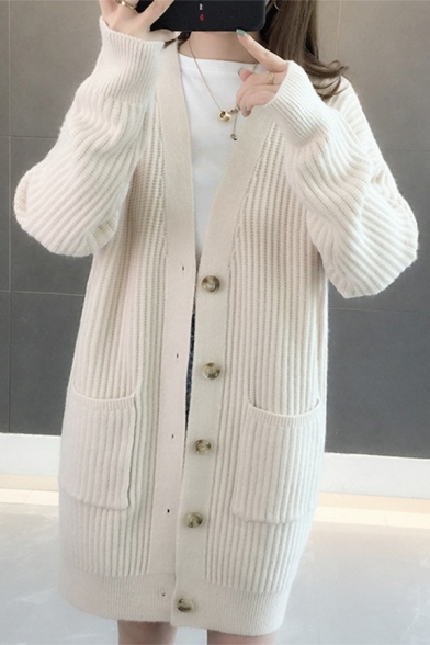 Fashion Simple Plain Long Sleeve Open Front Button Ribbed Knit Longline Cardigan with Pockets