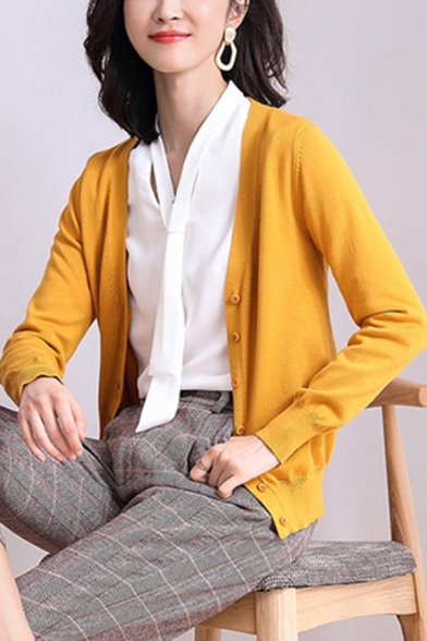 Leisure Women's Cardigan Solid Color Button-down Ribbed Trim Long-sleeved Regular Fitted Cardigan