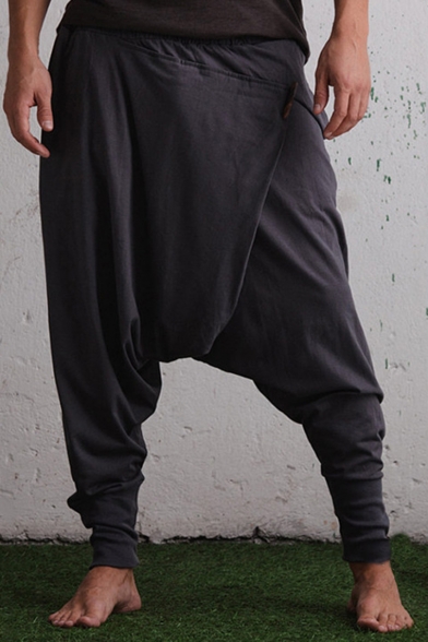 Men's Personalized Fashion Solid Color Drop-Crotch Loose Fit Hip Pop Casual Cotton Harem Pants