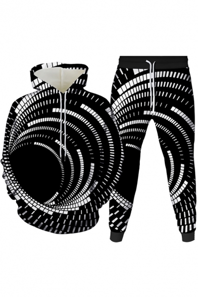 Mens 3D Co-ords Fashionable Spiral Tunnel Visual Deception Pattern Slim Fitted 7/8 Length Tapered Pants Long Sleeve Hoodie Jogger Co-ords
