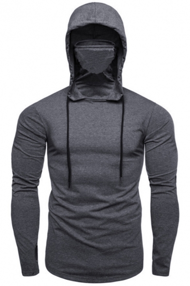 Mens Hooded Sweatshirt Simple Solid Color Masked Zipper Side Drawstring Slim Fitted Long Sleeve Hoodie