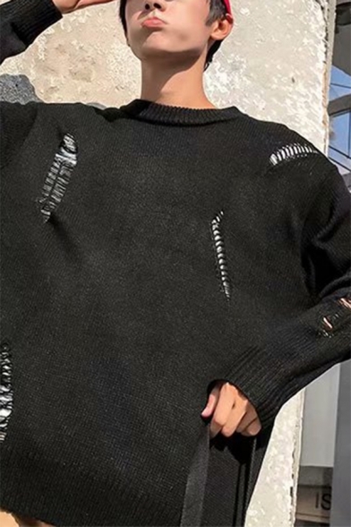 Mens Unique Awesome Torn Ripped Detail Solid Color Loose Fit Jumper Sweater
