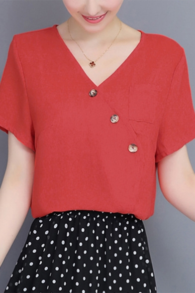 New Stylish V-Neck Short Sleeve Simple Plain Button Front Pocket Detail Summer Blouse for Women