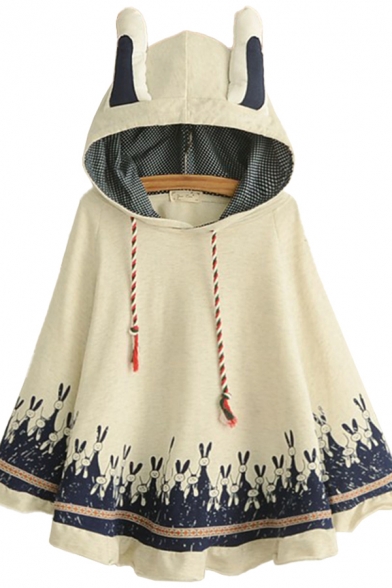 Novelty Womens Poncho Contrast Rabbit Pattern Stringy Selvedge Hem Ear-Hood Drawstring Long Sleeve Loose Fitted Poncho