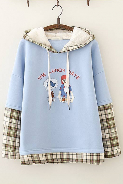 Retro Women's Hoodie Contrast Panel Plaid Cartoon Figure Letter The Lunch Late Printed Brushed Hooded Long Sleeves Regular Fitted Hooded Sweatshirt