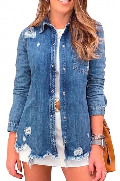 Retro Womens Jacket Faded Wash Ripped Frayed Hem Chest Pocket Button up Turn-down Collar Slim Fit Long Sleeve Denim Jacket
