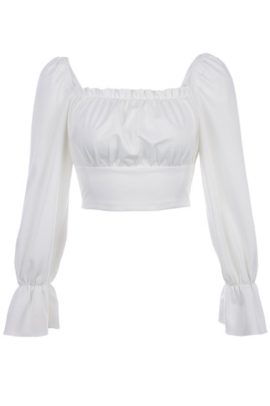 Sexy Simple Plain Square Neck Sheer Cropped Blouse
