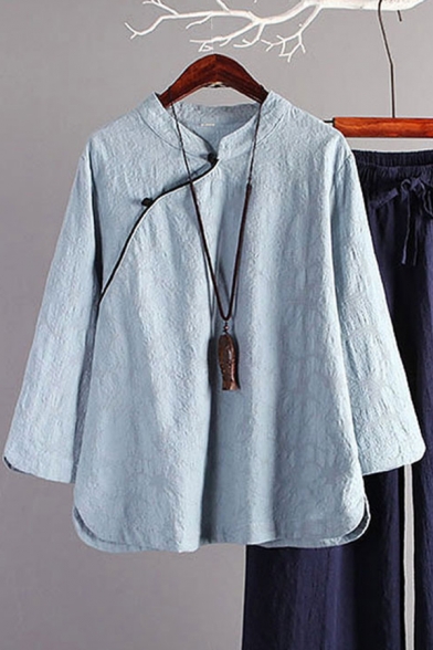 Unique Womens Shirt Cotton Linen Button up Mandarin Collar Regular Fit Long Sleeve Modified Cheongsam Top