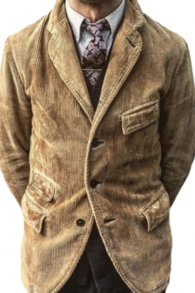 Vintage Mens Jacket Plain Pocket Flap Decoration Button Detail Long Sleeve Lapel Collar Slim Fit Casual Jacket