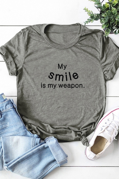 Vintage Womens T-Shirt Letter My Smile Is My Weapon Pattern Regular Fitted Round Neck Short Sleeve T-Shirt